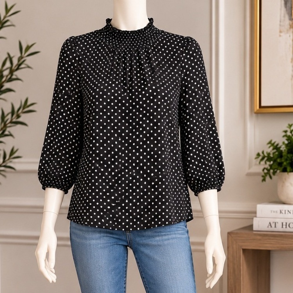 Monteau Womens Blouse Black White Polka Dot Smocked Mock Neck M